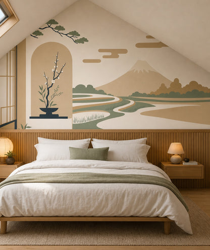 Japanese Inspired Wallpaper Minimal Landscape Mountain Removable Wall Decor