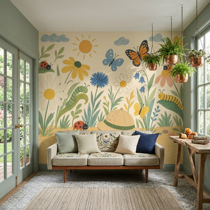 Floral Meadow Wallpaper Butterflies Removable Bright Garden Wall Decor