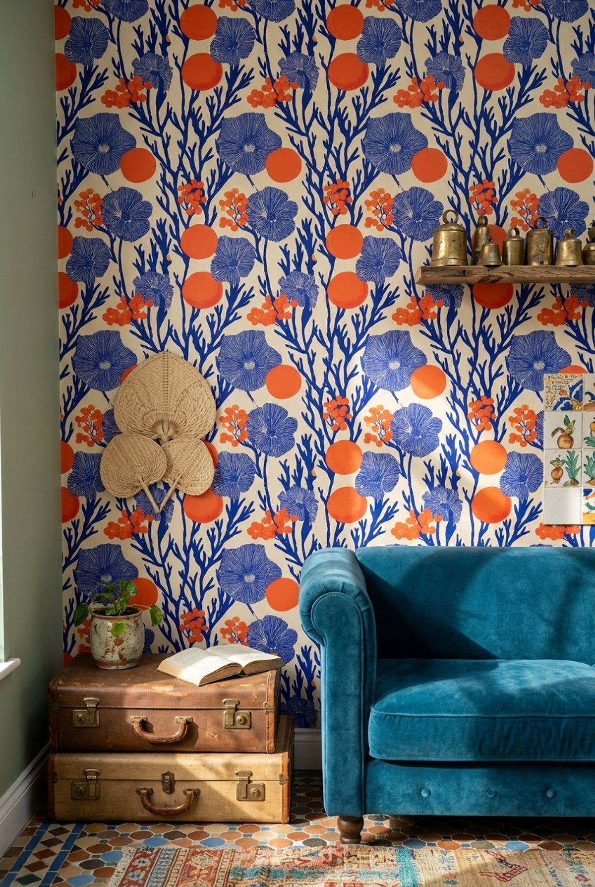 Block Print Wallpaper Botanical Removable Bright Wall Double Roll