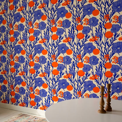 Block Print Wallpaper Botanical Removable Bright Wall Double Roll
