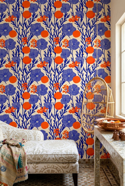 Block Print Wallpaper Botanical Removable Bright Wall Double Roll