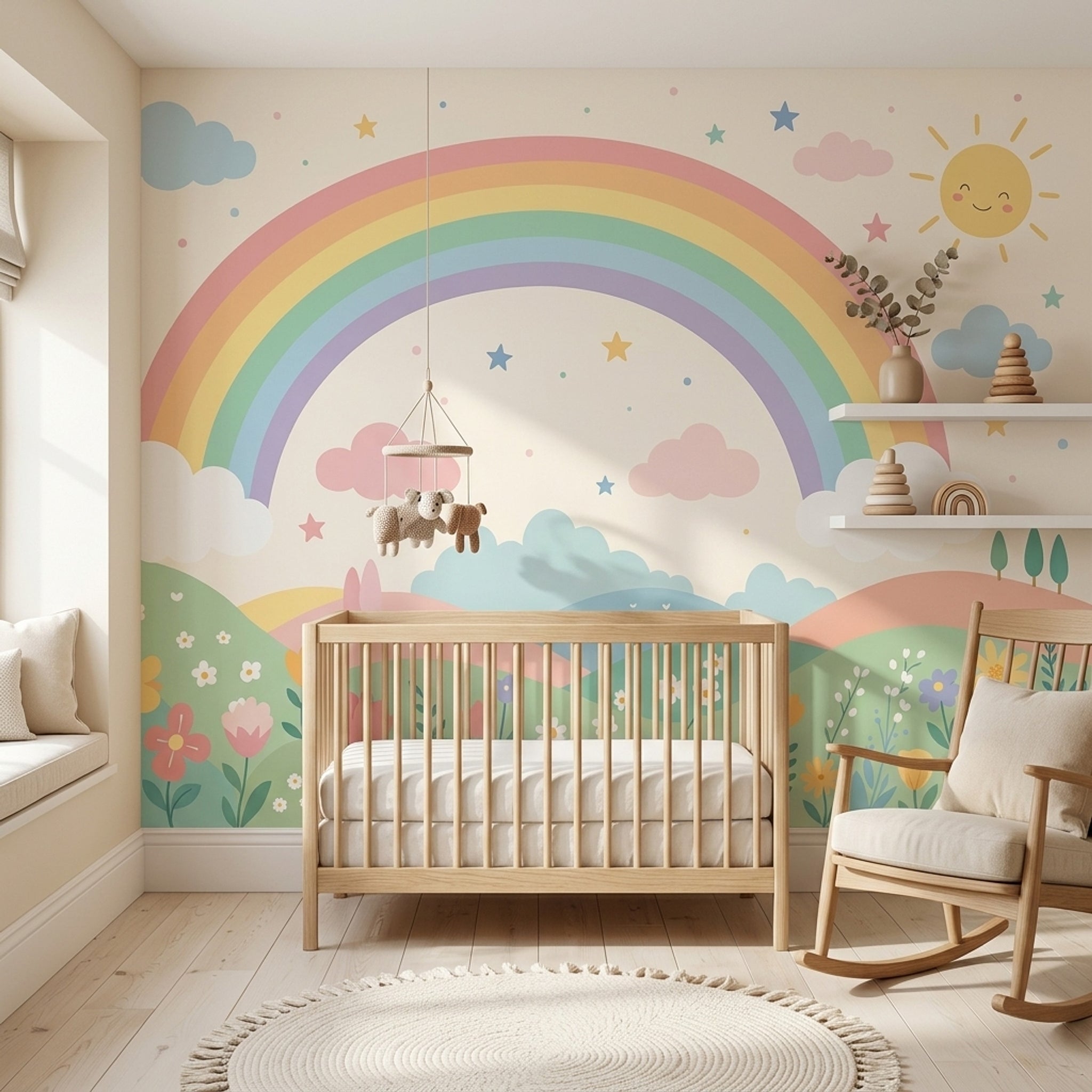 White Background Wallpaper Pastel Rainbow Smiling Sun Removable Wall Decor