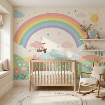 White Background Wallpaper Pastel Rainbow Smiling Sun Removable Wall Decor