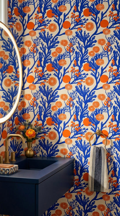 Orange Slices Wallpaper Cobalt Blue Mediterranean Removable Wall Decor