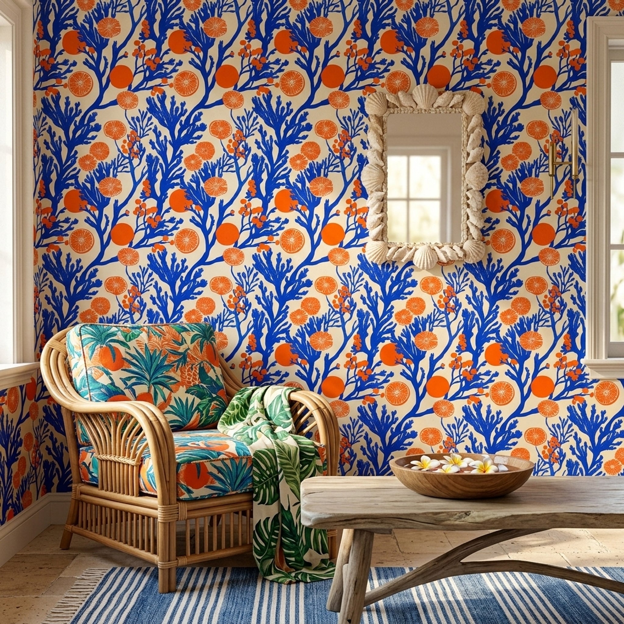 Orange Slices Wallpaper Cobalt Blue Mediterranean Removable Wall Decor