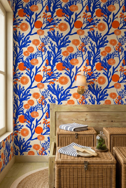 Orange Slices Wallpaper Cobalt Blue Mediterranean Removable Wall Decor