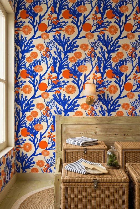 Orange Slices Wallpaper Cobalt Blue Mediterranean Removable Wall Decor