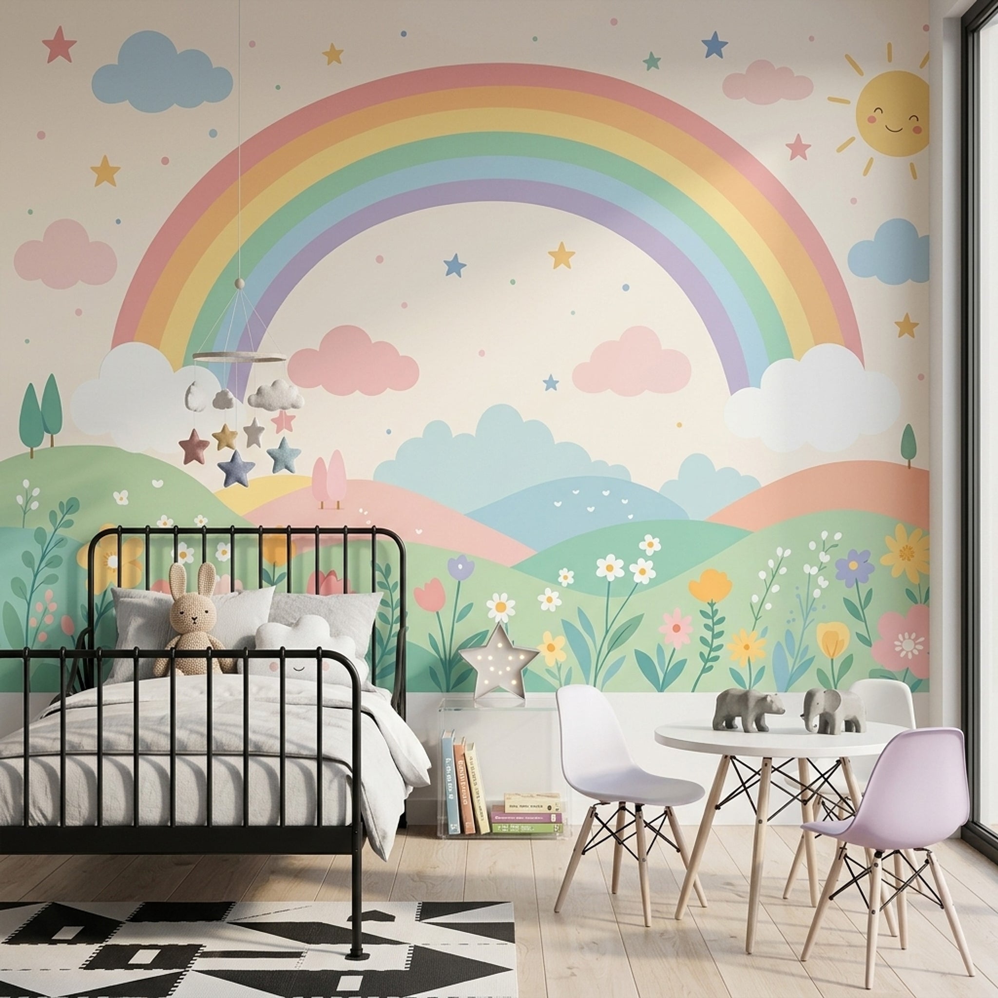 White Background Wallpaper Pastel Rainbow Smiling Sun Removable Wall Decor