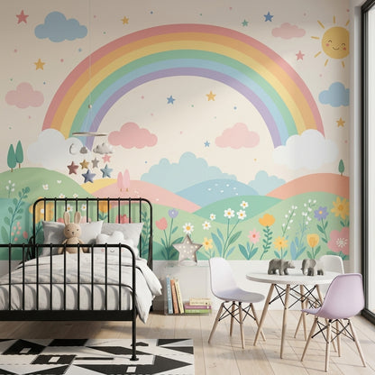 White Background Wallpaper Pastel Rainbow Smiling Sun Removable Wall Decor