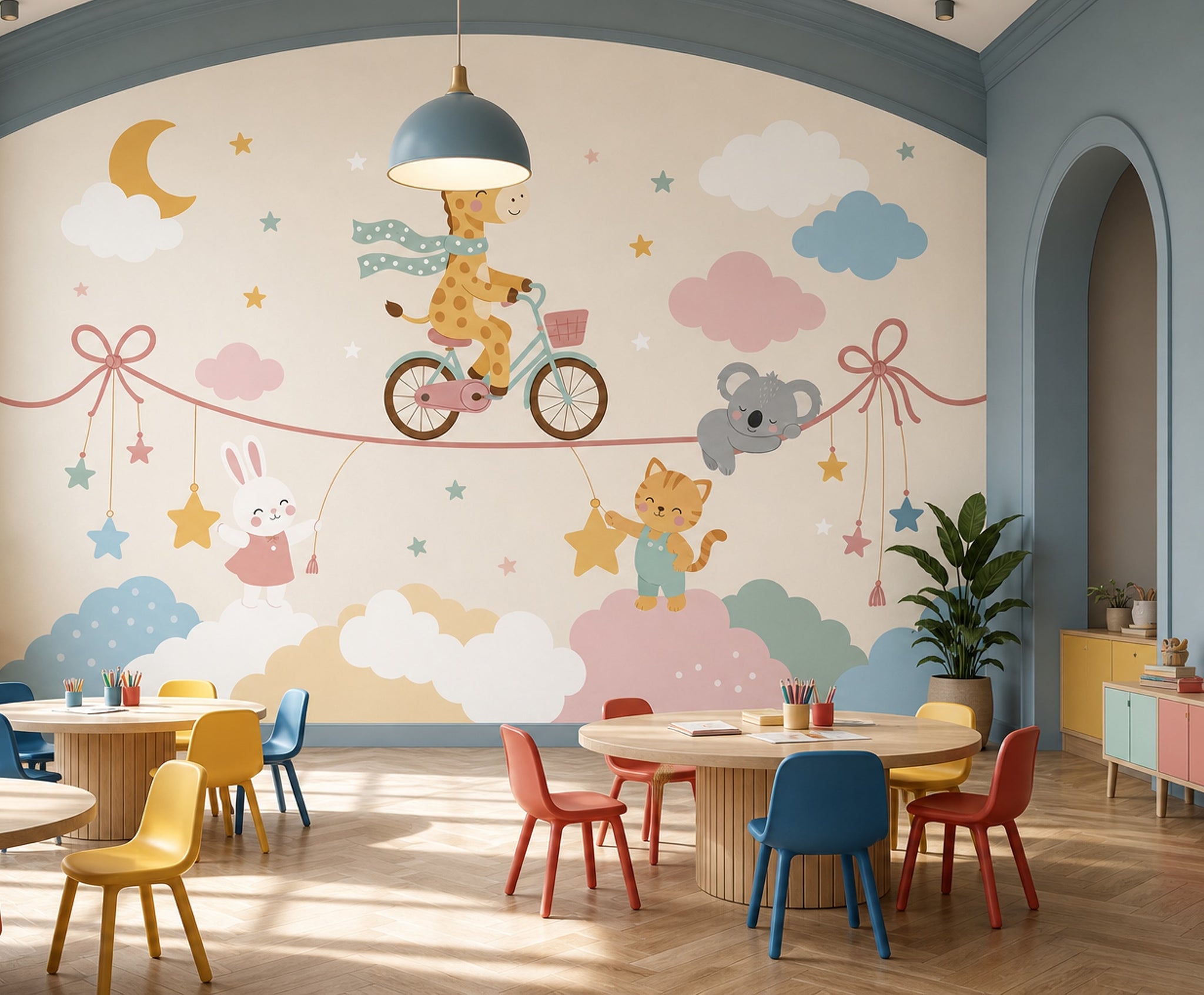 Nursery Wallpaper Cute Animals Pastel Clouds Removable Wall Decor