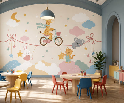 Nursery Wallpaper Cute Animals Pastel Clouds Removable Wall Decor