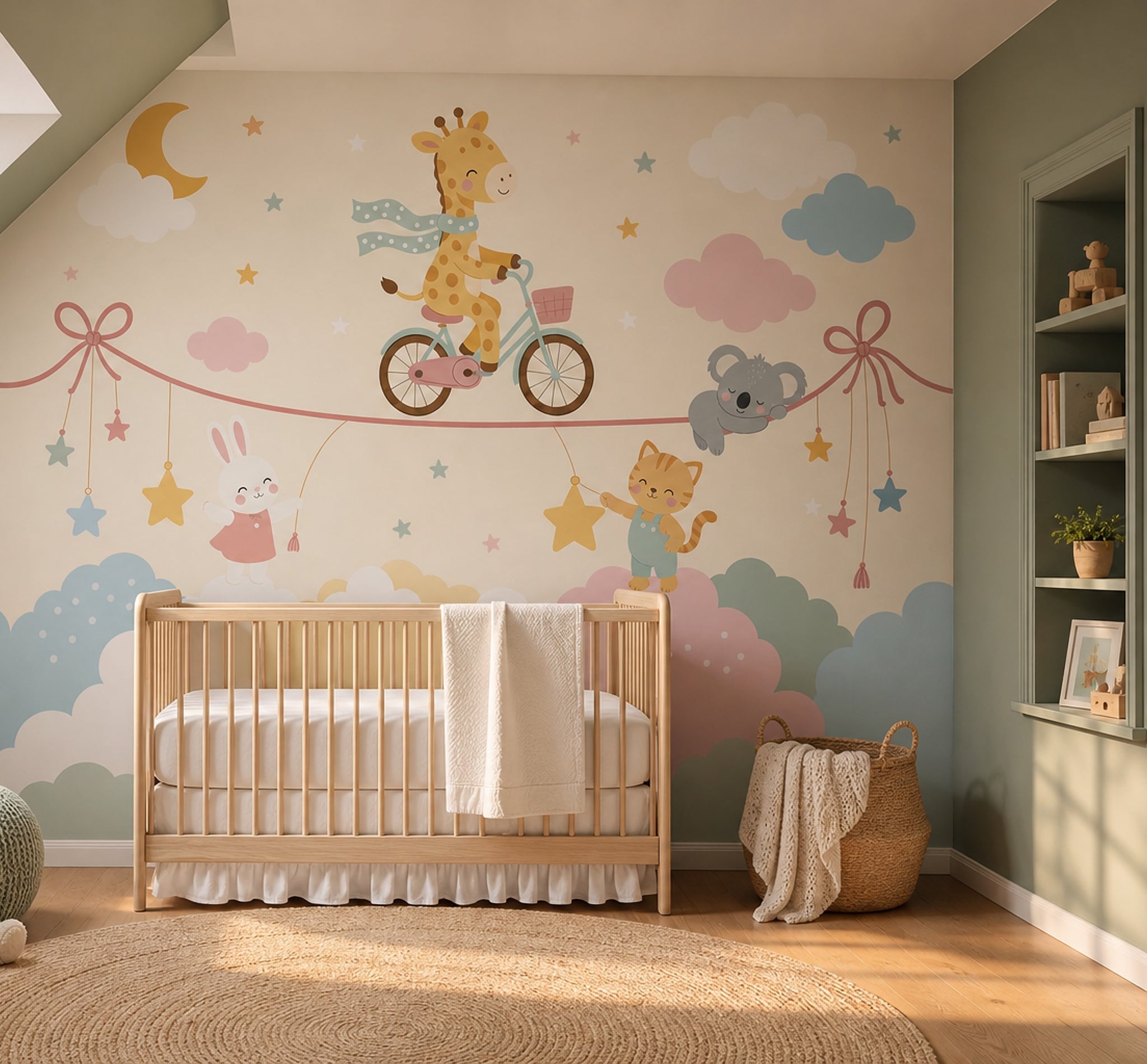 Nursery Wallpaper Cute Animals Pastel Clouds Removable Wall Decor