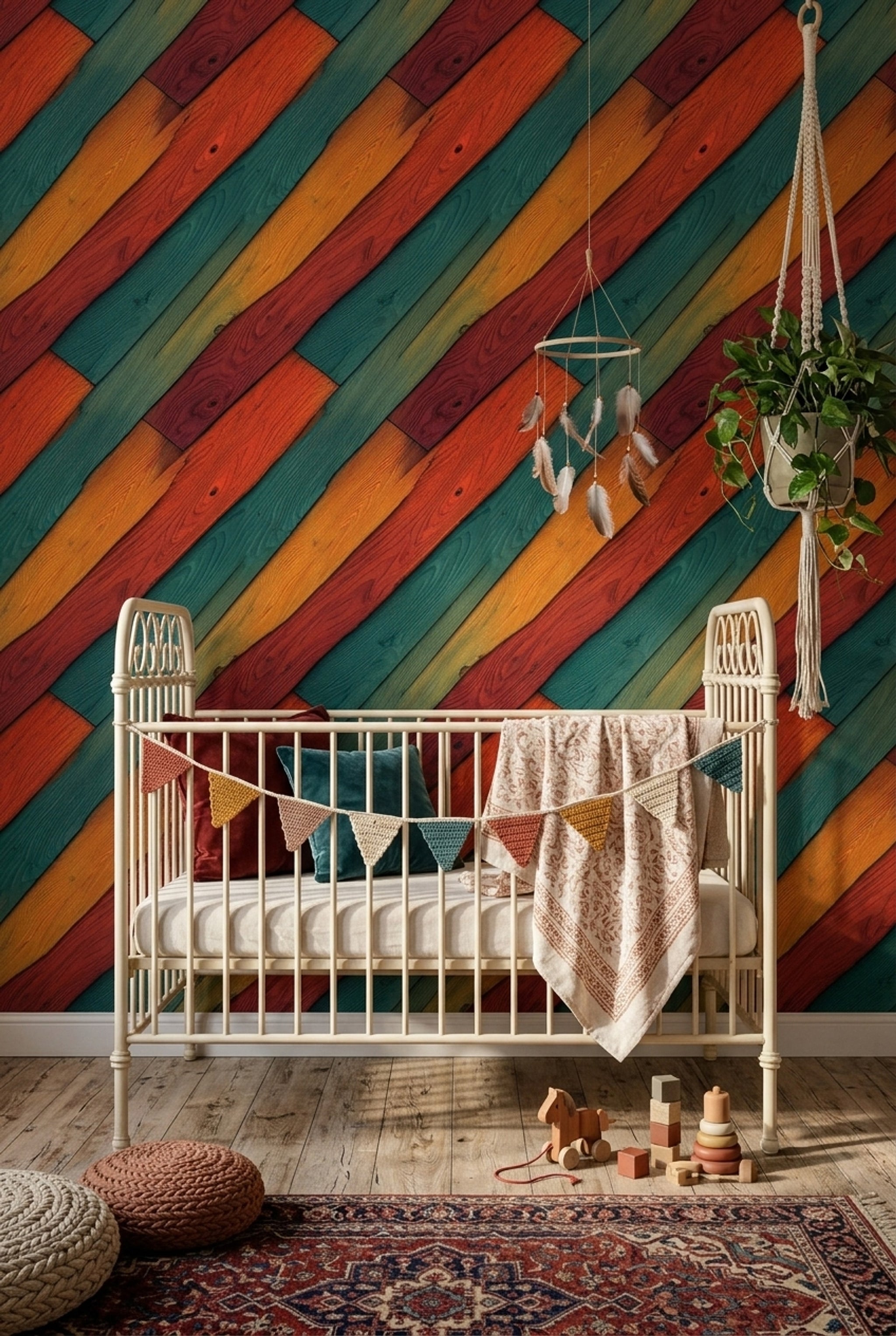 Painted Wood Planks Wallpaper Diagonal Stripes Rustic Texture Removable Wall Decor