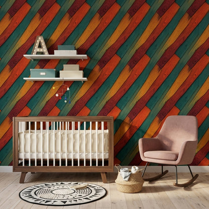 Painted Wood Planks Wallpaper Diagonal Stripes Rustic Texture Removable Wall Decor