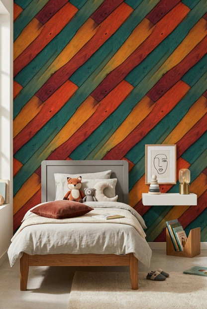 Painted Wood Planks Wallpaper Diagonal Stripes Rustic Texture Removable Wall Decor