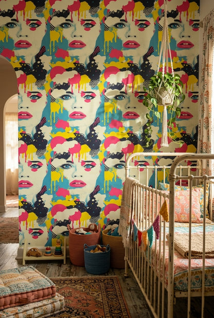 Pop Art Portrait Wallpaper Abstract Face Removable Paint Splatter Wall Double Roll