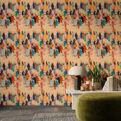 Abstract Pattern Wallpaper Painterly Market Scene Expressionist Removable Wall Decor