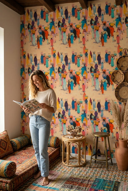 Abstract Pattern Wallpaper Painterly Market Scene Expressionist Removable Wall Decor
