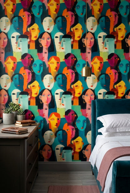 Abstract Faces Wallpaper Portrait Collage Teal Background Decorative Mural