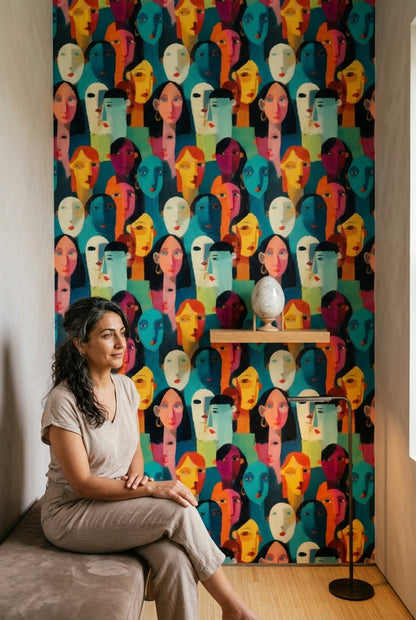 Abstract Faces Wallpaper Portrait Collage Teal Background Decorative Mural