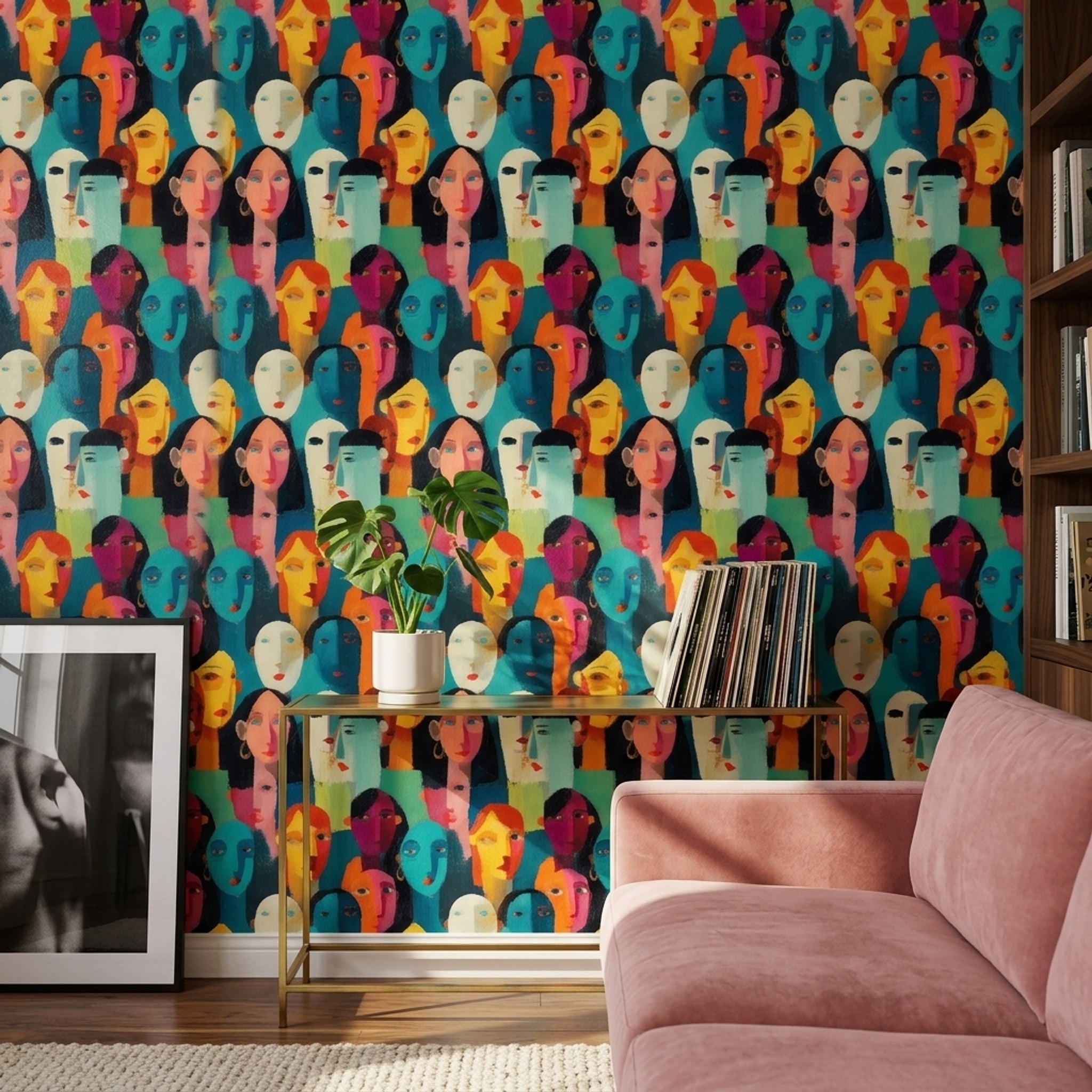 Abstract Faces Wallpaper Portrait Collage Teal Background Decorative Mural