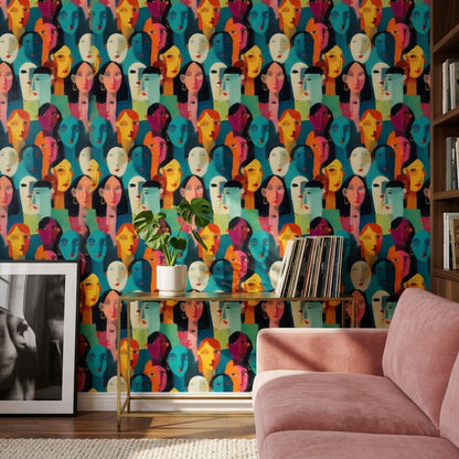 Abstract Faces Wallpaper Portrait Collage Teal Background Decorative Mural