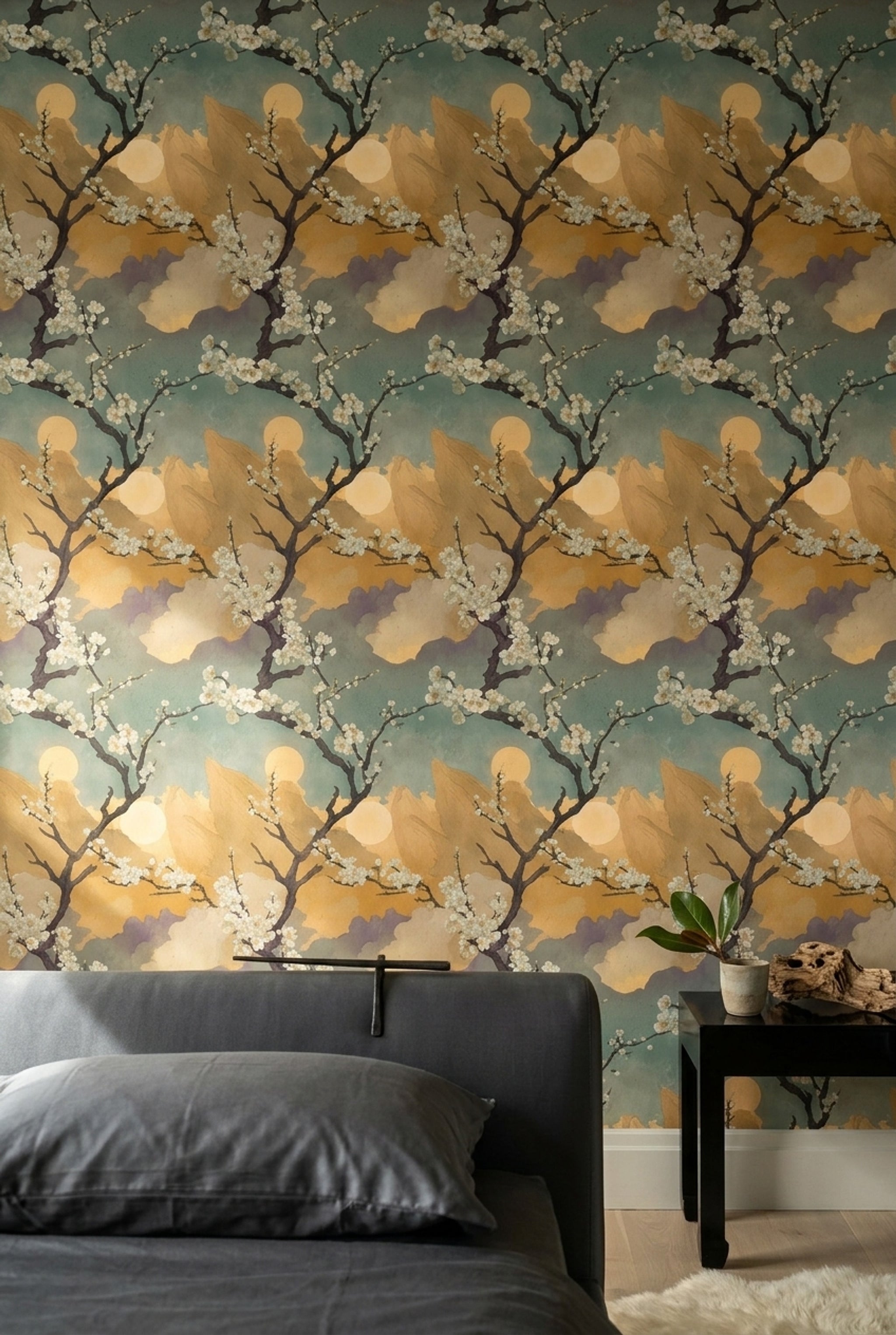 Floral Landscape Wallpaper Cherry Blossom Branches Mountains Removable Wall Decor