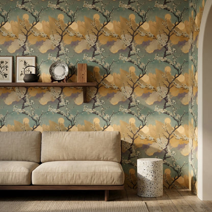 Floral Landscape Wallpaper Cherry Blossom Branches Mountains Removable Wall Decor