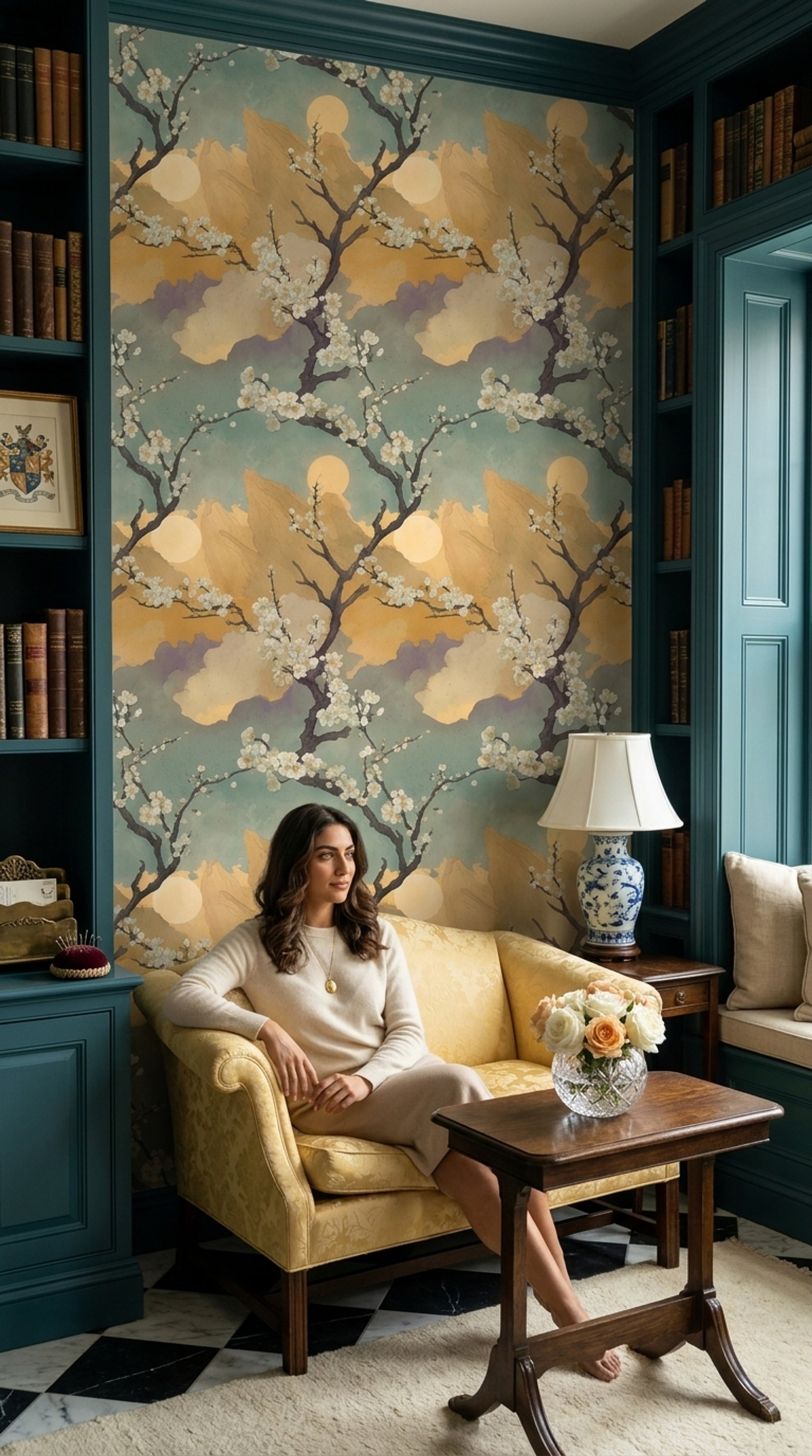 Floral Landscape Wallpaper Cherry Blossom Branches Mountains Removable Wall Decor