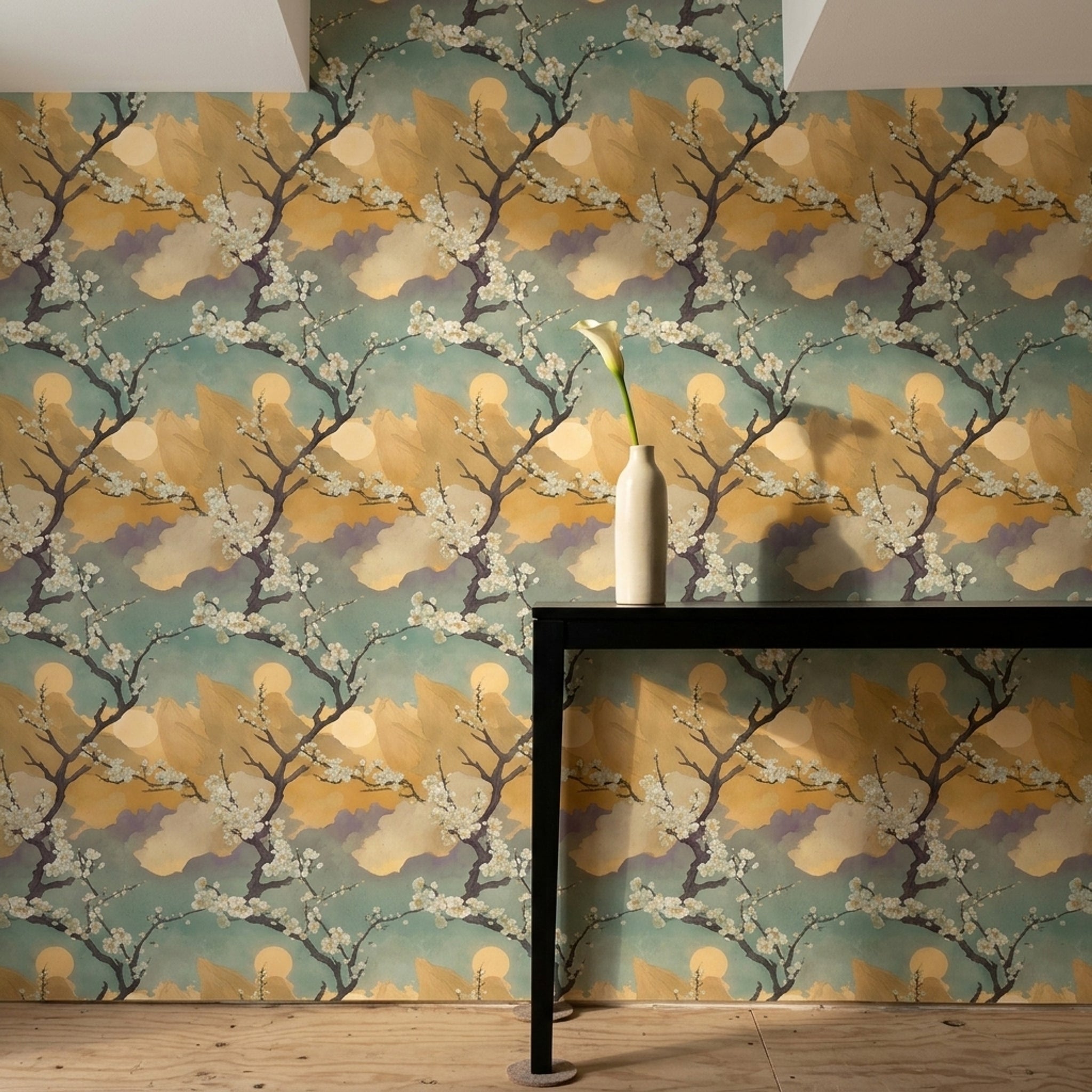 Floral Landscape Wallpaper Cherry Blossom Branches Mountains Removable Wall Decor