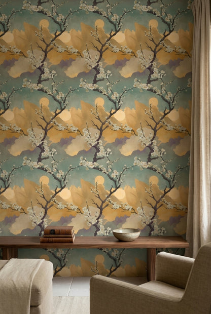 Floral Landscape Wallpaper Cherry Blossom Branches Mountains Removable Wall Decor