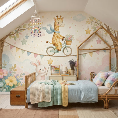 Giraffe On Bicycle Wallpaper Nursery Removable Watercolor Wall Decor