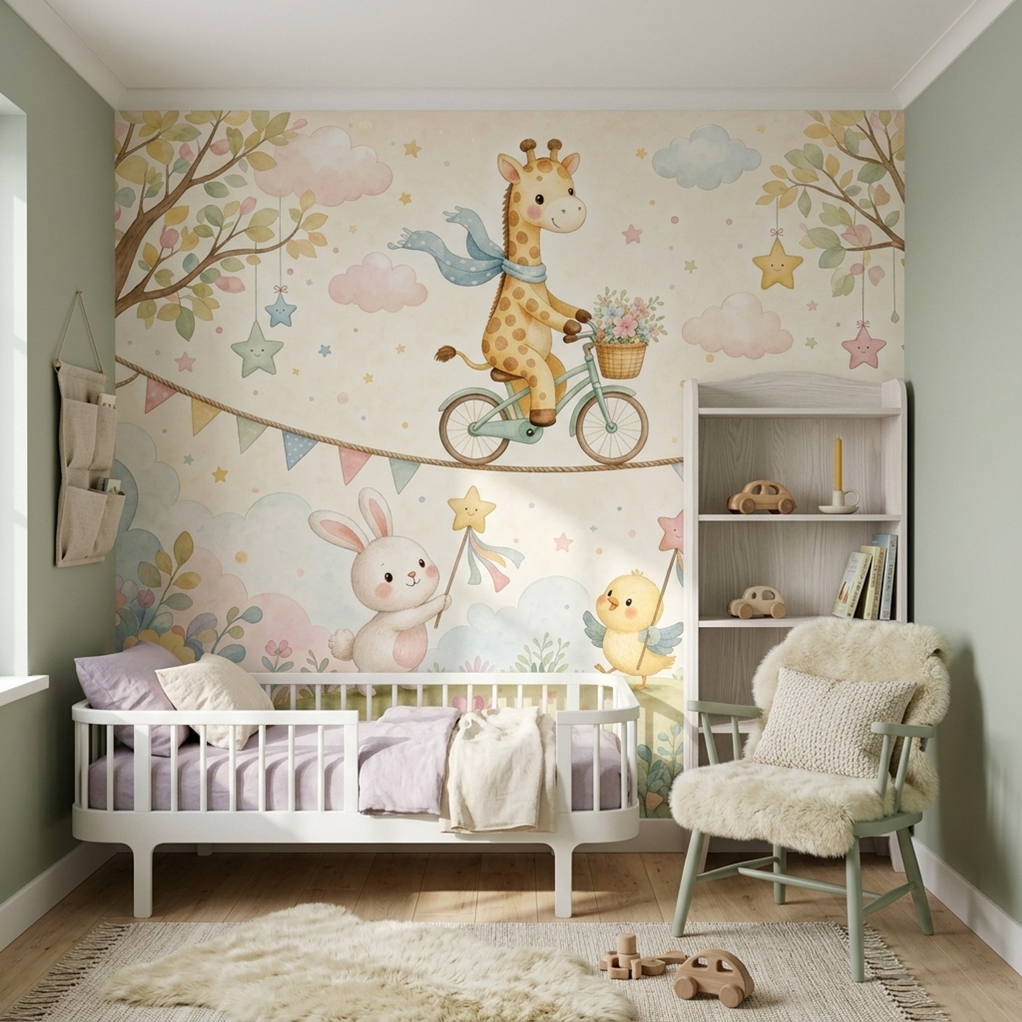 Giraffe On Bicycle Wallpaper Nursery Removable Watercolor Wall Decor