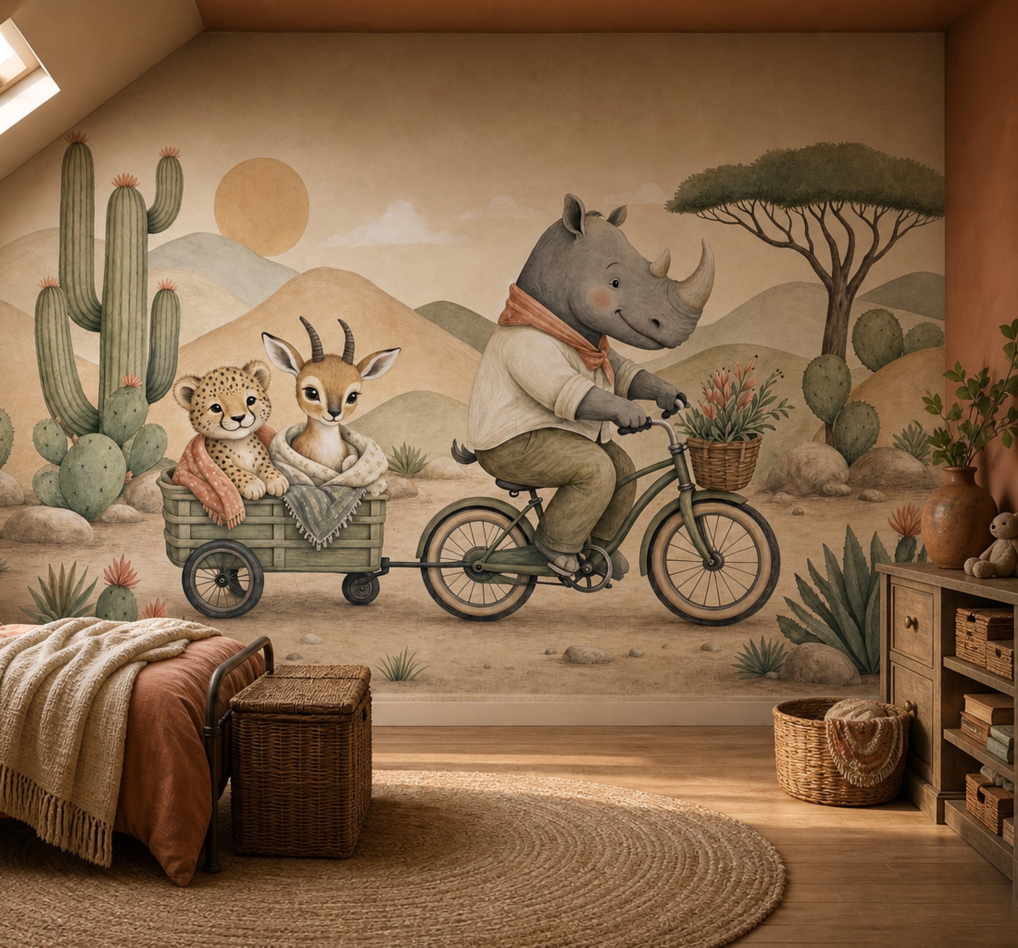 Rhino On Bicycle Wallpaper Desert Landscape Watercolor Illustration Wall Mural