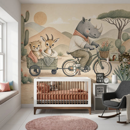 Rhino On Bicycle Wallpaper Desert Landscape Watercolor Illustration Wall Mural