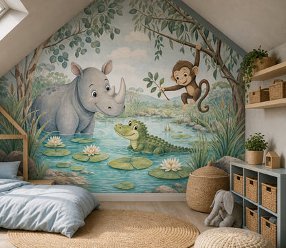 Jungle Animals Wallpaper Watercolor Nursery Removable Wall Decor