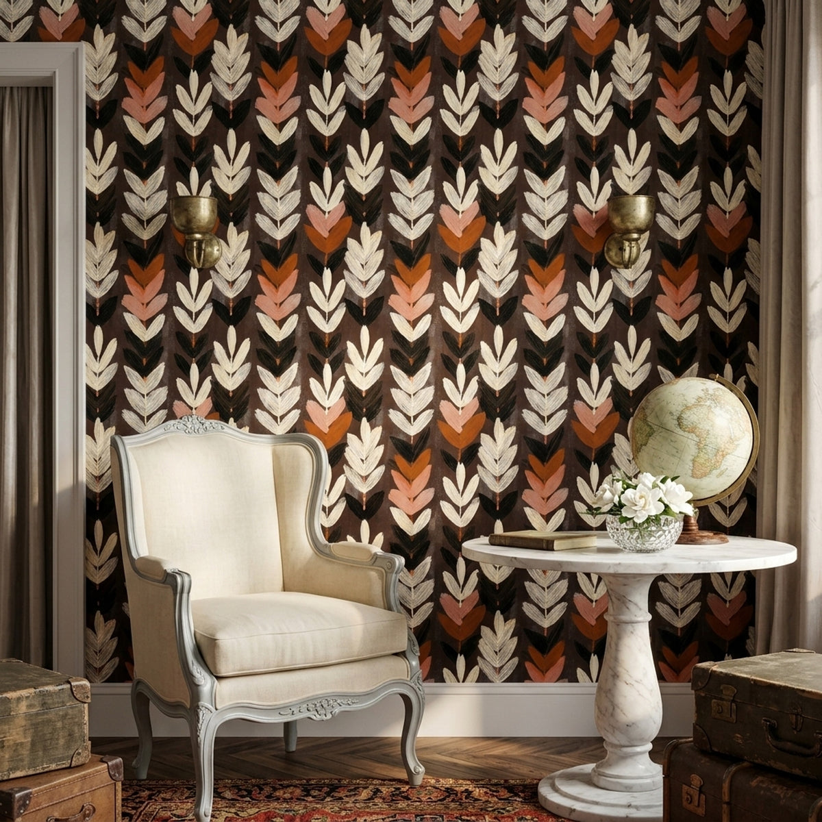 Dark Botanical Wallpaper Abstract Floral Hand Painted Leaves Decorative Mural