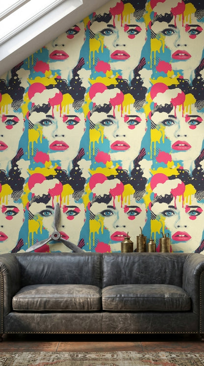 Pop Art Portrait Wallpaper Abstract Face Removable Paint Splatter Wall Double Roll