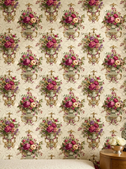 Vintage Floral Wallpaper Peonies Removable Ornate Urns Wall Double Roll