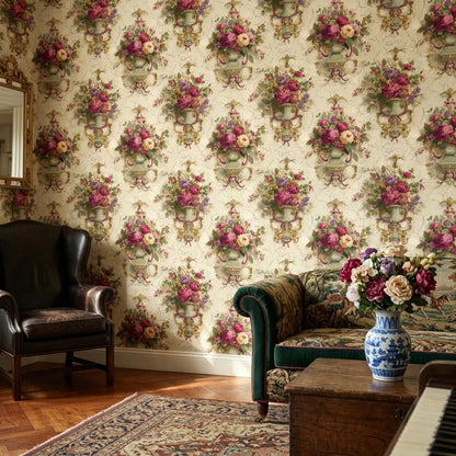 Vintage Floral Wallpaper Peonies Removable Ornate Urns Wall Double Roll