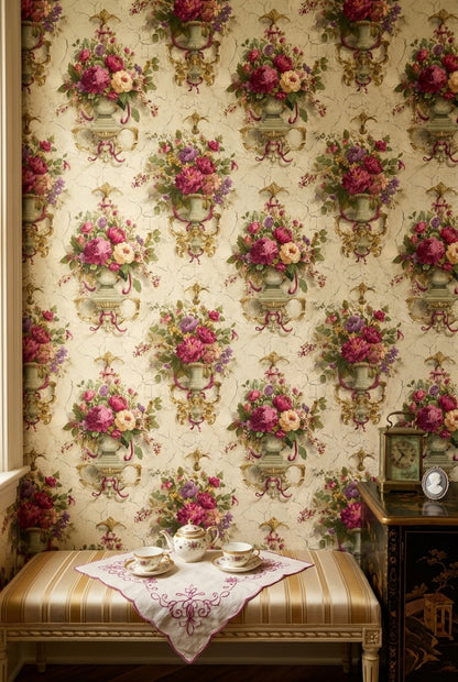 Vintage Floral Wallpaper Peonies Removable Ornate Urns Wall Double Roll