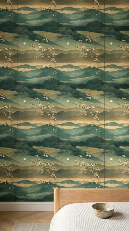 Layered Mountains Wallpaper Misty Landscape Teal Green Decorative Mural