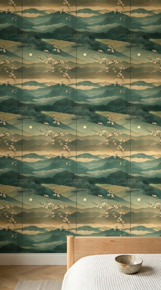 Layered Mountains Wallpaper Misty Landscape Teal Green Decorative Mural