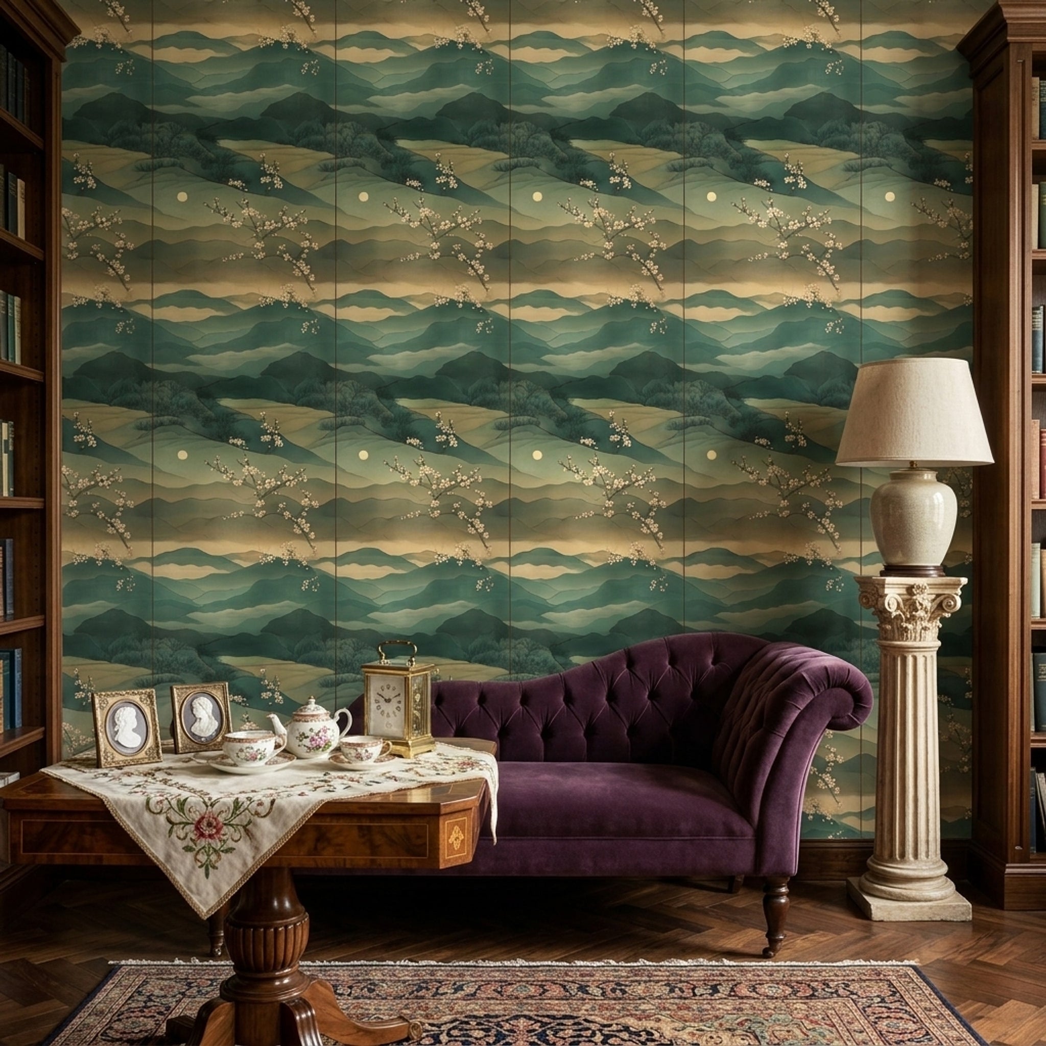 Layered Mountains Wallpaper Misty Landscape Teal Green Decorative Mural