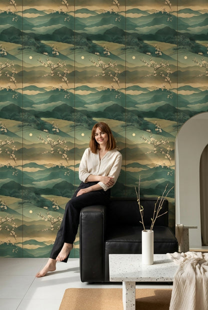 Layered Mountains Wallpaper Misty Landscape Teal Green Decorative Mural