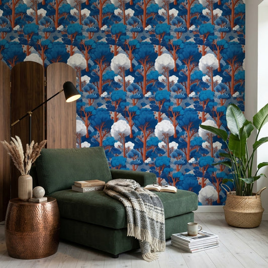 Blue Forest Wallpaper Stylized Trees Removable Woodland Landscape Wall Double Roll