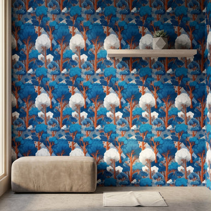 Blue Forest Wallpaper Stylized Trees Removable Woodland Landscape Wall Double Roll
