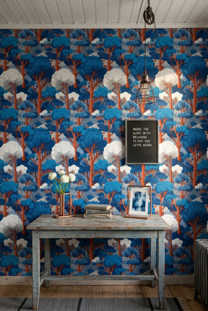 Blue Forest Wallpaper Stylized Trees Removable Woodland Landscape Wall Double Roll