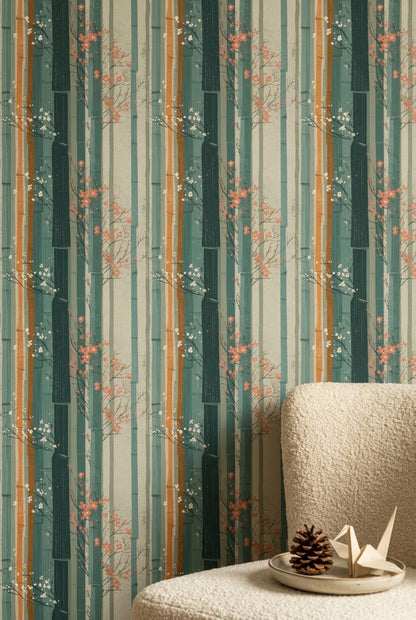 Bamboo Wallpaper Cherry Blossom Japanese Inspired Removable Wall Decor