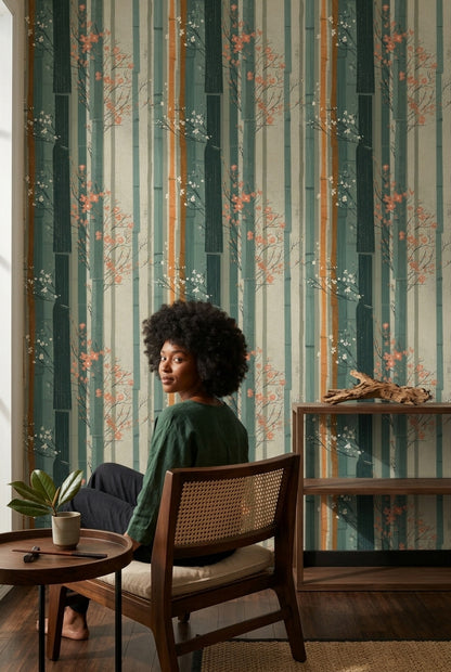 Bamboo Wallpaper Cherry Blossom Japanese Inspired Removable Wall Decor